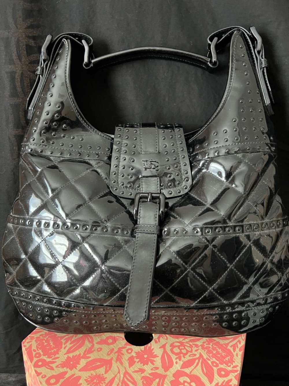 Burberry Black Patent Stud-Detail Hobo